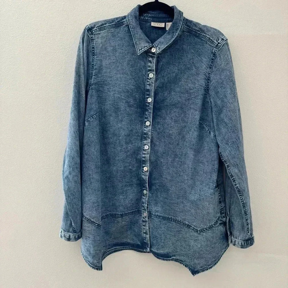 Lori Goldstein Chambray Button Down Shirt Long Sleeve Western M - Picture 1 of 9